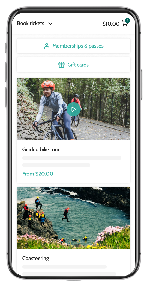 Beyonk's activity booking system on mobile. Memberships, gift cards and sessions can be bought here.